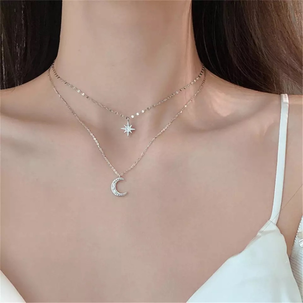 NWOT Silver Double layer moon & star choker - Picture 3 of 6